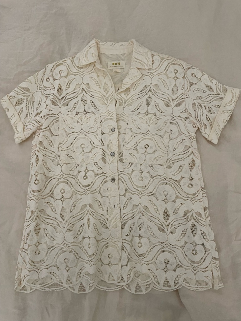 ANTHROPOLOGIE Cream Lace Short-Sleeve Shirt - Women's Lightweight Button-Up